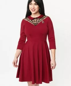 Unique Vintage Endora Spiderweb A-Line Dress Burgundy New In