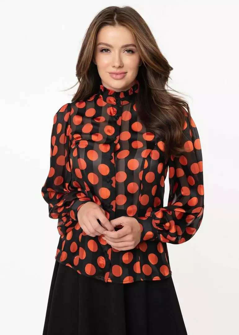 New In Unique Vintage Smak Parlour Resident Artist Polka 60's Blouse Black Orange 7 New In Unique Vintage Smak Parlour Resident Artist Polka 60's Blouse Black Orange
