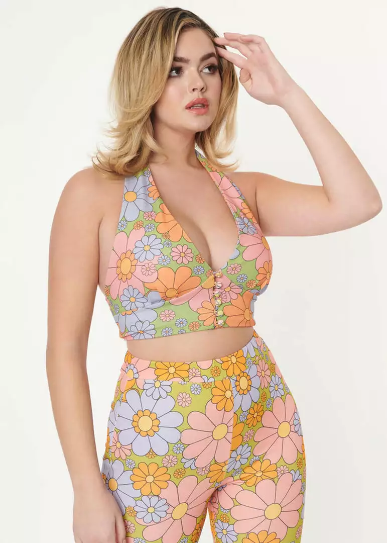 Unique Vintage Smak Parlour Feelin Groovy Daisy 60's Crop Top Green New In 6 Unique Vintage Smak Parlour Feelin Groovy Daisy 60's Crop Top Green New In