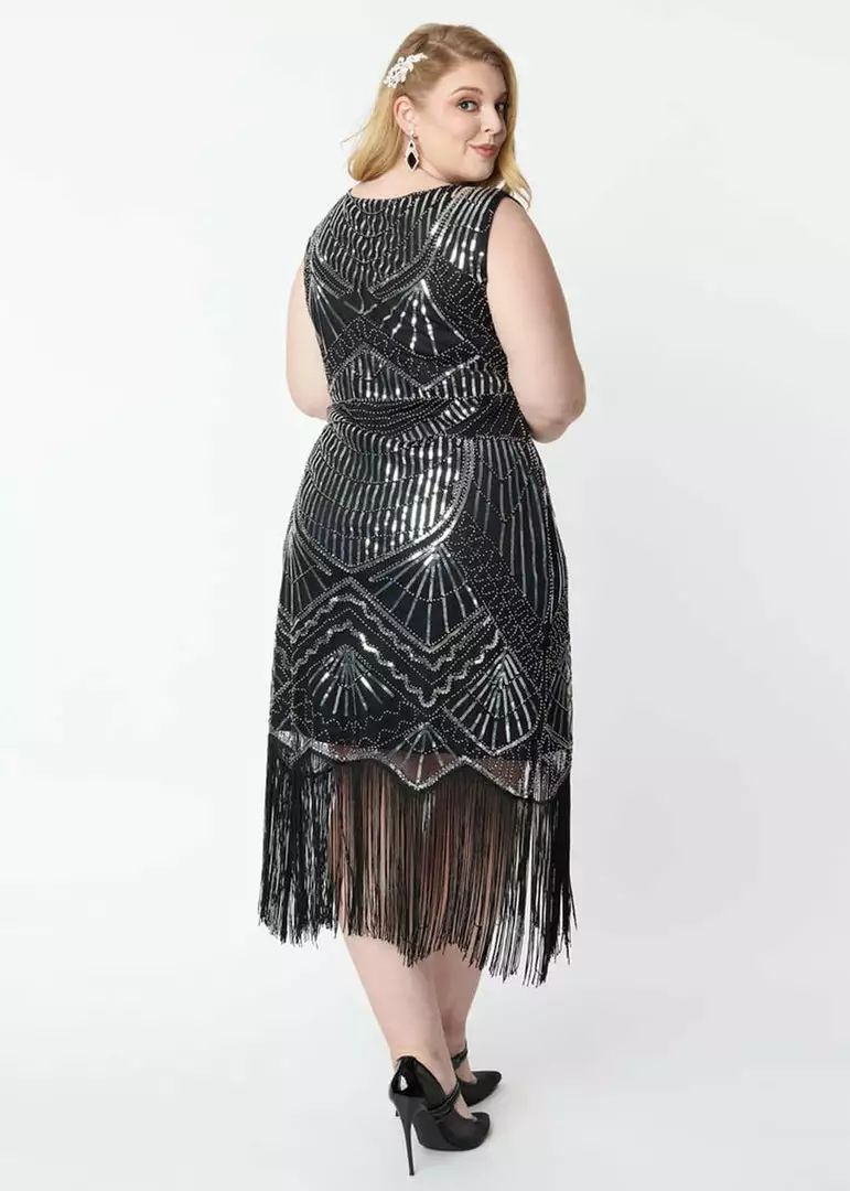 Unique Vintage Therese Sequin 20's Flapper Dress Black Silver New In 7 Unique Vintage Therese Sequin 20's Flapper Dress Black Silver New In