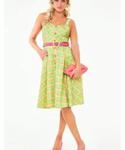 Voodoo Vixen Vita Rainbow Tartan 50's Swing Dress Green