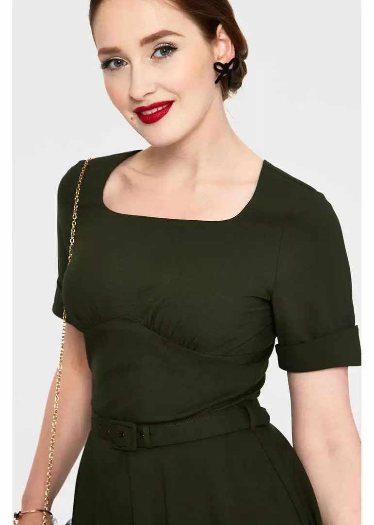 New In Voodoo Vixen Lucia 50's Midi Swing Dress Olive Green 4 New In Voodoo Vixen Lucia 50's Midi Swing Dress Olive Green